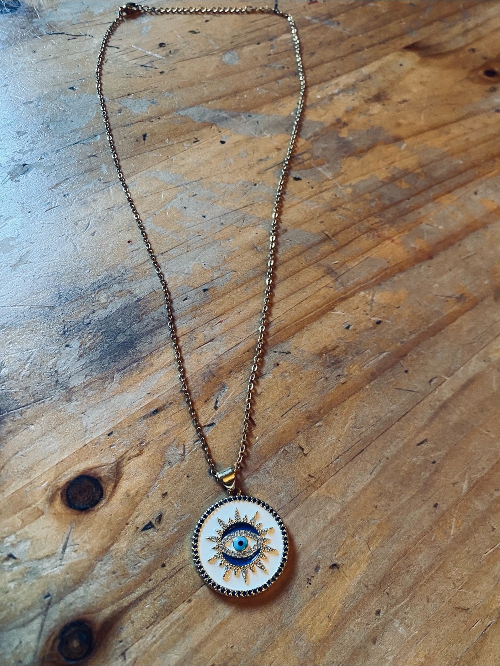 Gold-Tone Evil Eye Pendant Necklace with White Enamel